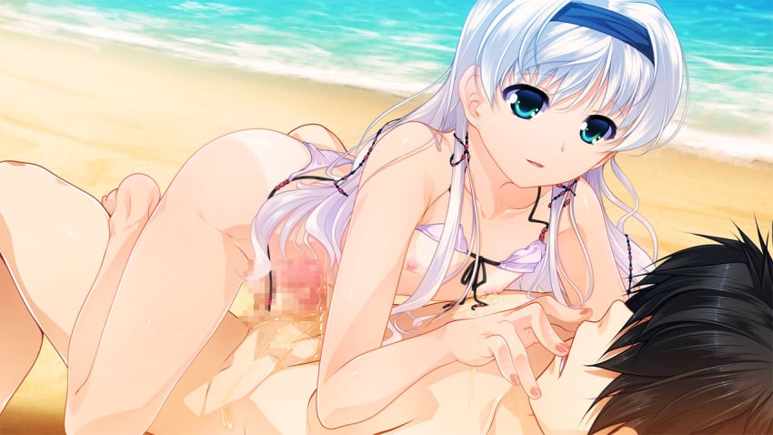 2boys aogiri_penta beach bikini crossdressing femboy frottage fujikiri_nao josou_kaikyou lotion male male_only nipple_rub nipples ocean penis trap white_hair yaoi