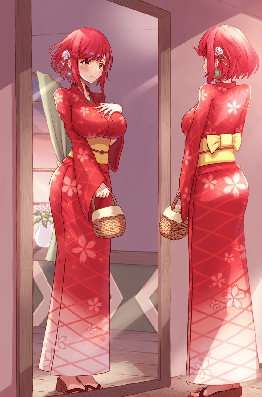 basket breasts core_crystal earrings flowers hair_flower holding_basket kimono large_breasts mirror mirror_reflection nintendo obi obijime pyra red_eyes red_hair red_kimono sandals sash short_hair taro_(peach_taro51) vase xenoblade_(series) xenoblade_chronicles_2