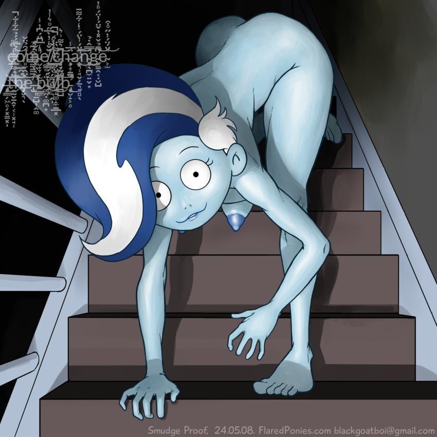 ass basement blue_body blue_skin crawling feet female ghost ghost_girl ghoul_school hanna-barbera hi_res humanoid looking_at_viewer nipples phantasma_phantom scooby-doo scooby-doo_(series) scooby-doo_and_the_ghoul_school solo spirit stairs text toes zalgo_text