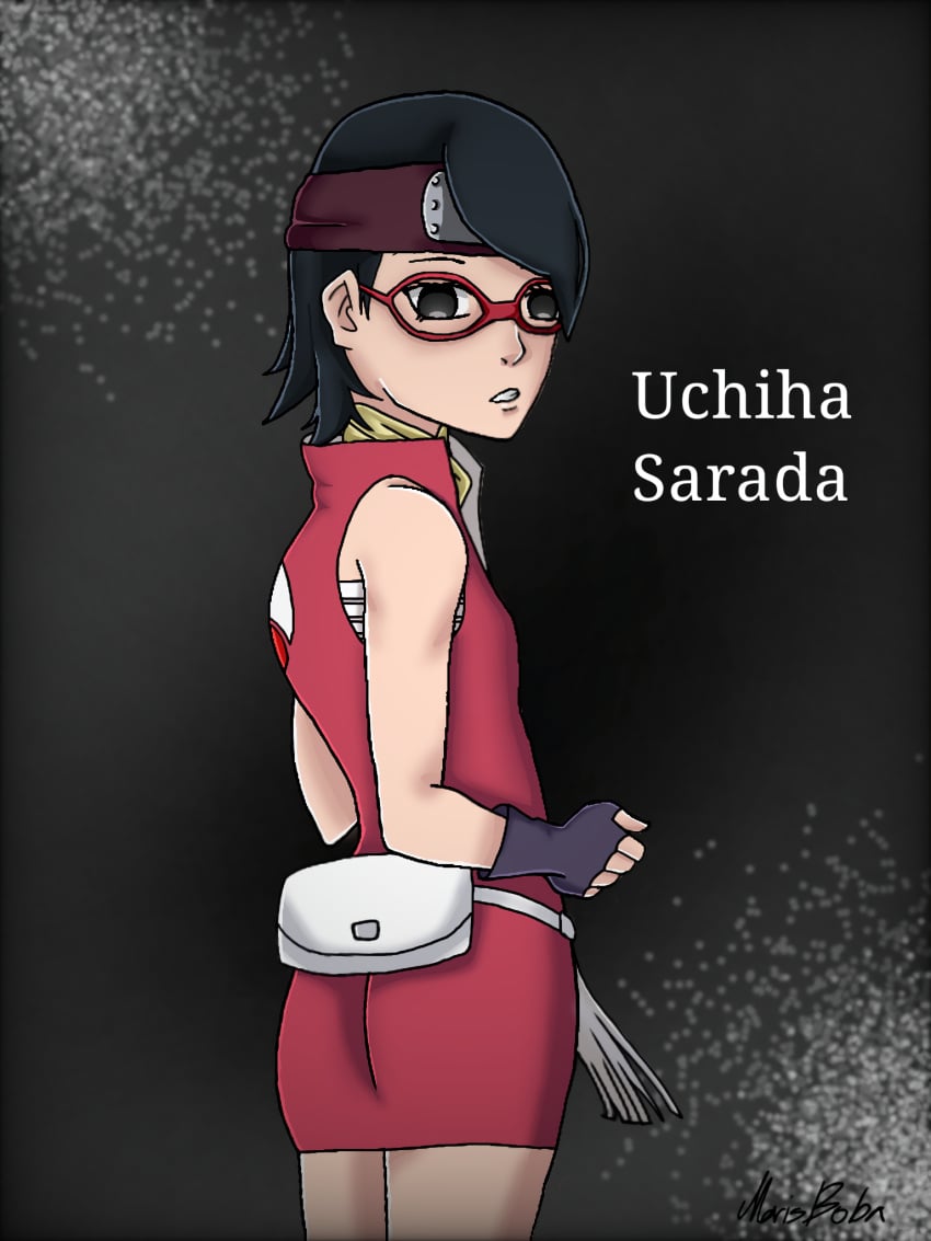 1female ass ass_visible_through_clothes ass_visible_through_thighs bandana bandana_on_neck bangs black_eyes black_hair boruto:_naruto_next_generations clothed clothed_female clothing confused confused_look curvy curvy_body curvy_female curvy_figure dark_background dress english_text female female_focus female_human female_only from_behind girl glasses gloved_hands gloves headband human human_female maristea medium_ass naruto naruto_(series) nice_ass plump plump_ass plump_butt purse red_dress red_glasses sarada_uchiha short_black_hair short_hair signature simple_background small_breasts text tight_clothes tight_clothing uchiha_sarada uchiha_symbol