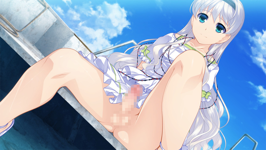 1boy aogiri_penta bottomless crossdressing erection femboy fujikiri_nao josou_kaikyou legs male male_only no_panties penis smile solo sundress trap white_hair