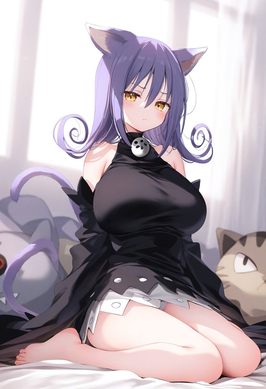 1female 1girls adult_swim ahoge ai_generated bangs big_breasts blair_(soul_eater) breasts cat_ears cat_tail catgirl commentary_request cute cute_face english_commentary female female_only hi_res highres long_hair pigr solo solo_female solo_focus soul_eater toonami unamused very_high_resolution violet_hair wariza yellow_eyes