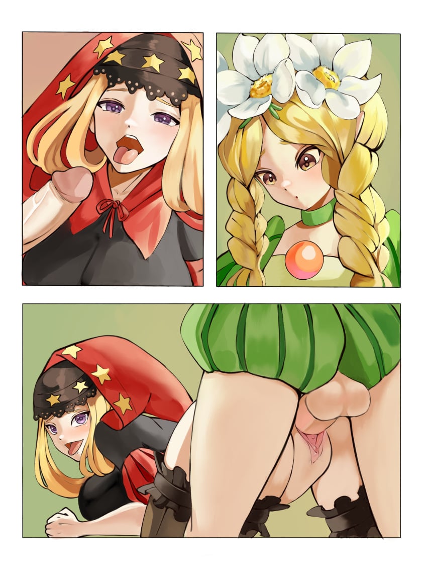 1futa 1girls big_breasts big_penis blonde_hair breasts clothed clothing doggy_style duo erection female futa_on_female futanari human light-skinned_female light-skinned_futanari light_skin long_hair mercedes_(odin_sphere) mostly_clothed odin_sphere penis sex stockings tamik_boom tongue tongue_out velvet_(odin_sphere)