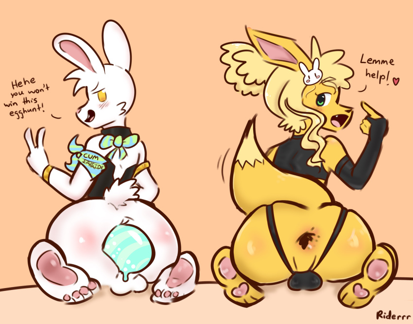 absurd_res anthro anus armband ass blonde_hair blush body_blush bow_(feature) butt_blush canid clothed clothing duo egg egg_laying english_text feet femboy gaping gaping_anus hi_res hybrid_pokemon lagomorph leporid lonnie_(riderrr) male male_egg_laying mammal nintendo orange_body partially_clothed pawpads pok&eacute;mon_(species) pokemon pokemon_(species) presenting presenting_anus presenting_hindquarters rabbit riderrr text text_on_clothing white_body