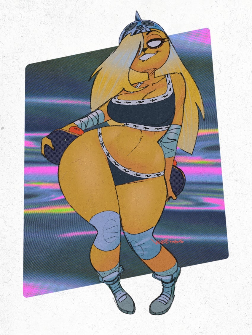 1girls adventure_time big_breasts biting_lip black_thong blonde_hair bra bronwyn calvin_klein cleavage female female_only helmet looking_at_viewer navel panties skateboard thick_thighs thighs thong underwear wide_hips wolftang