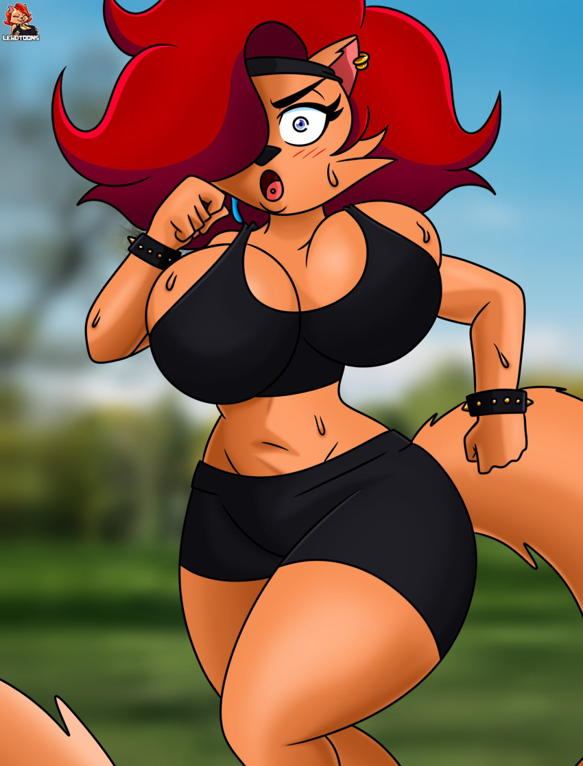 1girls big_breasts hair_over_one_eye headband headwear jogging large_breasts lewdtoons original_character red_hair running sweating thighs workout