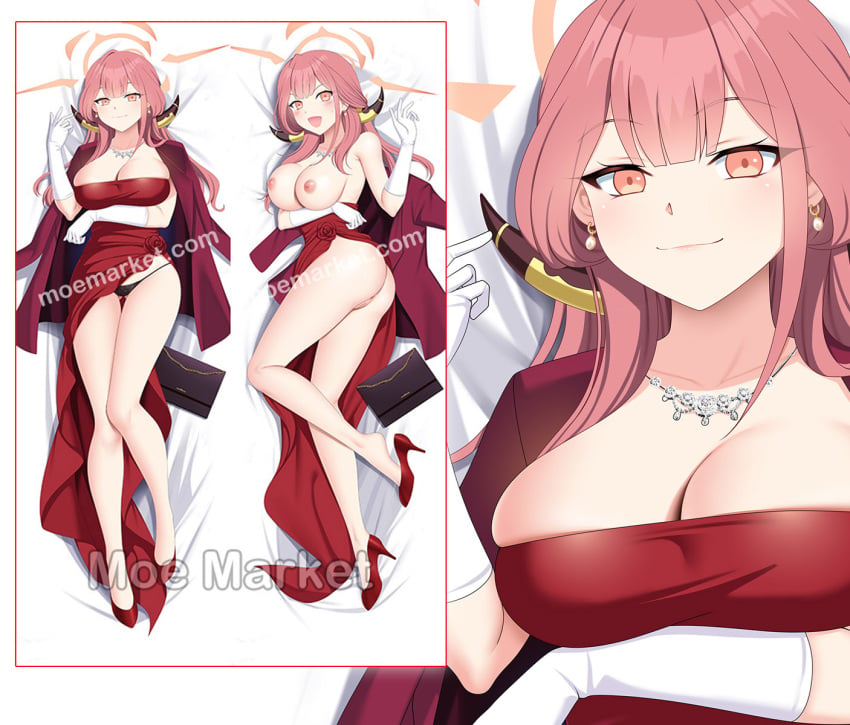 aru_(blue_archive) aru_(dress)_(blue_archive) ass bag barefoot breasts dakimakura_(medium) demon_horns dress female gloves handbag high_heels highres horns jewelry long_dress necklace pink_eyes pink_hair smile white_gloves