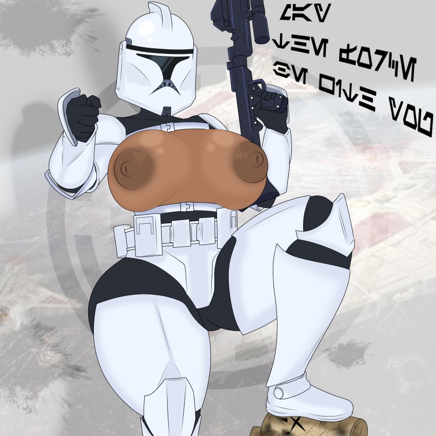 ammo_belt areolae armor armored_female attack_of_the_clones belt big_breasts big_nipples big_thighs bodysuit boots breasts breasts_bigger_than_head breasts_out brown_nipples clone clone_trooper clone_wars female female_soldier helmet helmet_with_visor holding_object pointing pointing_at_viewer posing posing_with_weapon poster propaganda propaganda_poster rule_63 semi_nude shoulder_pads star_wars stepping_on_head tall_female tan_skin thigh_armor vincentbot weapon white_armor