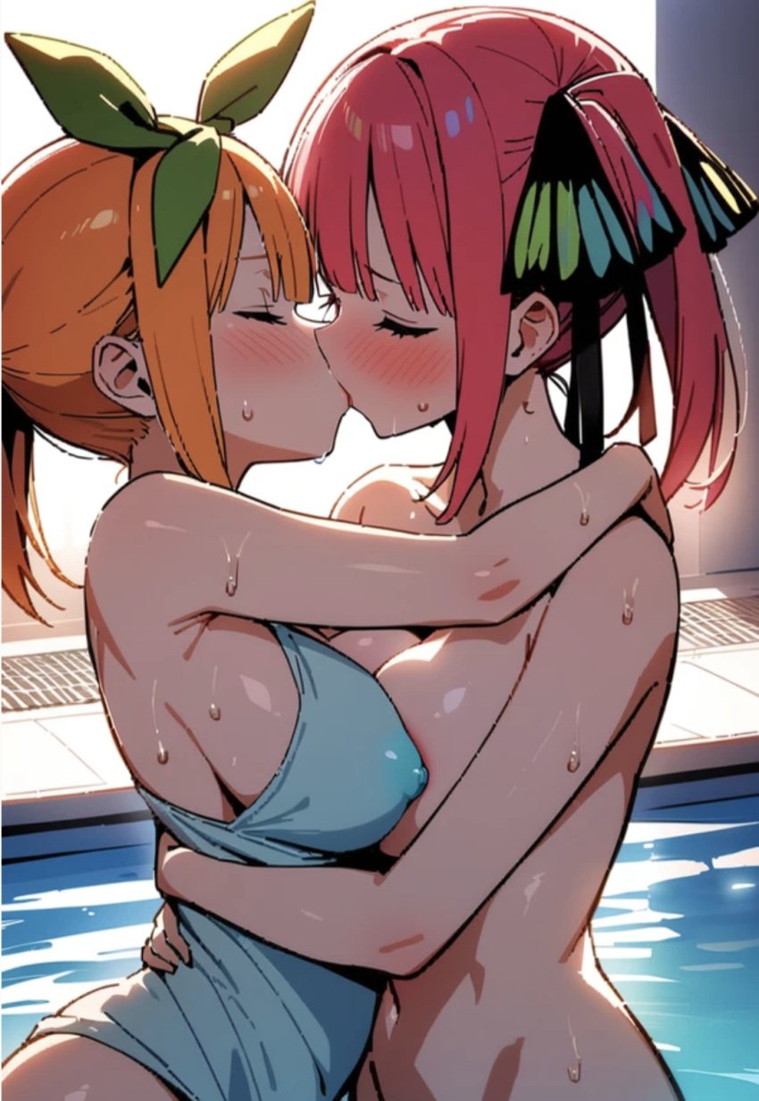 ai_generated blushing breast_press closed_eyes go-toubun_no_hanayome hair_tied incest kissing large_breasts nakano_nino nakano_yotsuba naked one-piece_swimsuit orange_hair pokies pool red_hair sisters yuri