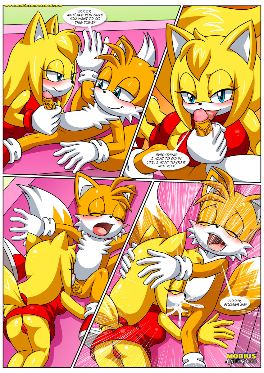 1boy 1girls anthro balls bbmbbf blowjob blush comic cum cum_in_mouth cum_inside dialogue female let_me_love_you_(comic) licking licking_penis male male/female miles_prower mobian_(species) mobius_unleashed oral oral_sex palcomix penis sega sex sonic_(series) sonic_boom sonic_the_hedgehog_(series) speech_bubble tails_the_fox zooey_the_fox