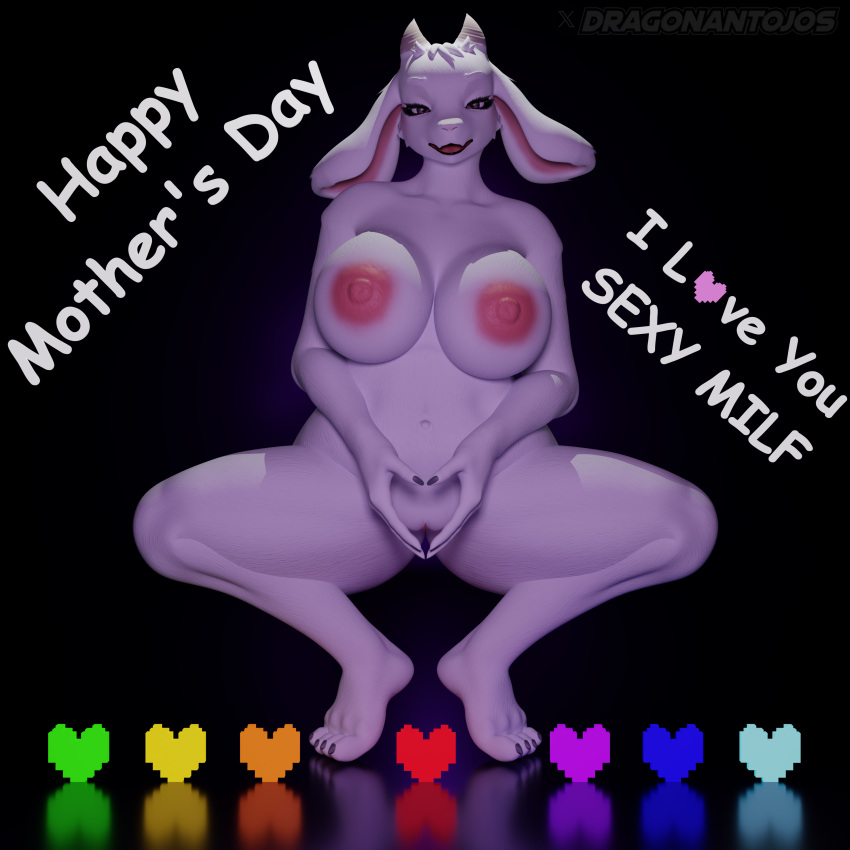 1:1 3d_(artwork) absurd_res anthro big_breasts blender_cycles breasts digital_media_(artwork) dragonantojos female heart_symbol hi_res holidays huge_filesize looking_at_viewer mother's_day nipples pink_nipples pinup pose red_eyes seductive solo text toriel undertale_(series)