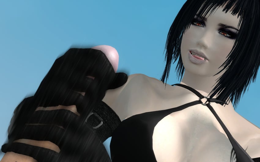 black_hair fangs garry's_mod gloves handjob latex_gloves sandra smile