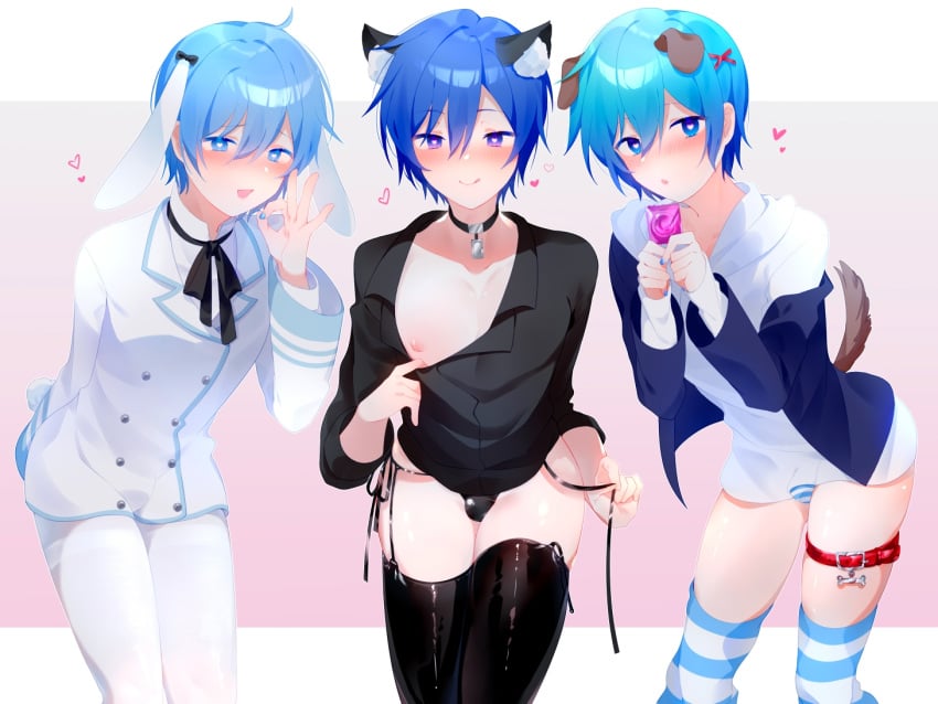 animal_ears animal_tail blazer blue_eyes blue_hair blush blushing_at_viewer bunny_boy bunny_ears bunny_tail cat_ears catboy choker clothing_pull collar condom crossdressing crossdressing_male dog_boy dog_ears dog_tail femboy feminine_male girly hair_ornament hairpin heart heart-shaped_pupils hoodie jacket kaito_(vocaloid) latex leather leather_clothing looking_at_viewer male male_only male_with_painted_nails nipple_peek nipple_slip nipples painted_nails panties pants pulling_clothing shirt shirt_pull smile smiling smiling_at_viewer striped_legwear striped_panties striped_thighhighs thighhighs vocaloid