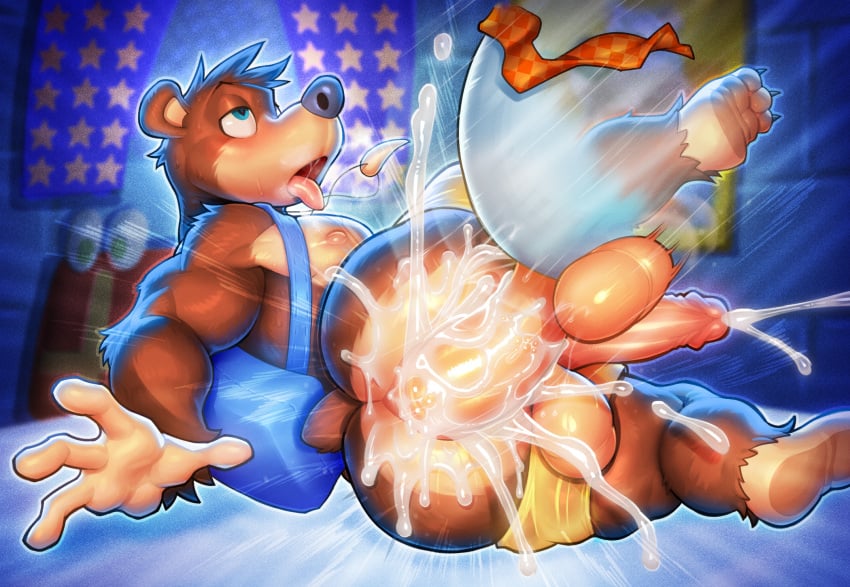 anal anal_sex anthro anthro_on_anthro anthro_penetrated anthro_penetrating anthro_penetrating_anthro anus ass ass_focus backpack balls banjo-kazooie banjo_(banjo-kazooie) bear big_penis blue_eyes bodily_fluids boggy_(banjo-kazooie) bottomwear bottomwear_down brown_body brown_fur clothed clothing cum cum_in_ass cum_inside cumshot ejaculation erection fur gay genital_fluids genitals gerrkk hi_res humanoid_genitalia humanoid_penis jewelry male male/male male_penetrated male_penetrating male_penetrating_male mammal motion_lines necklace open_mouth partially_clothed penetration penile penile_penetration penis penis_in_ass presenting rareware sex shirtless short_tail shorts shorts_down tail tongue tongue_out