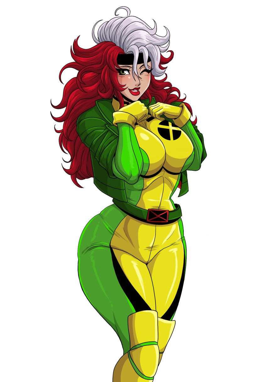 1girls belt belt_buckle big_breasts blush bodysuit brown_hair curvy_figure jacket marvel ninja-8004 red_lipstick rogue_(x-men) solo_female thick_thighs two-tone_hair voluptuous_female white_background wide_hips wink winking_at_viewer x-men