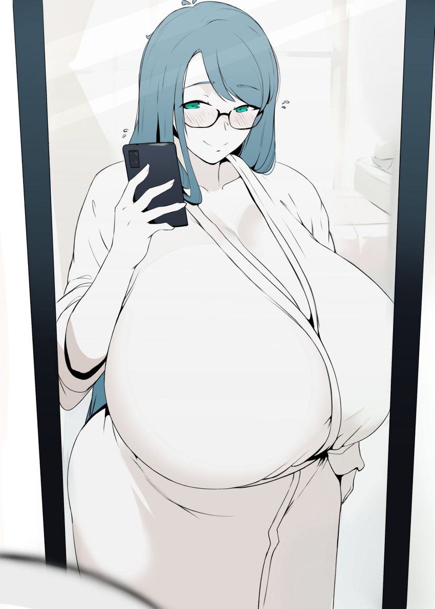 big_breasts blush breasts_bigger_than_head cleavage daniella_(setawar) gigantic_breasts glasses huge_breasts long_hair mirror mirror_selfie robe setawar_(coco) voluptuous_female