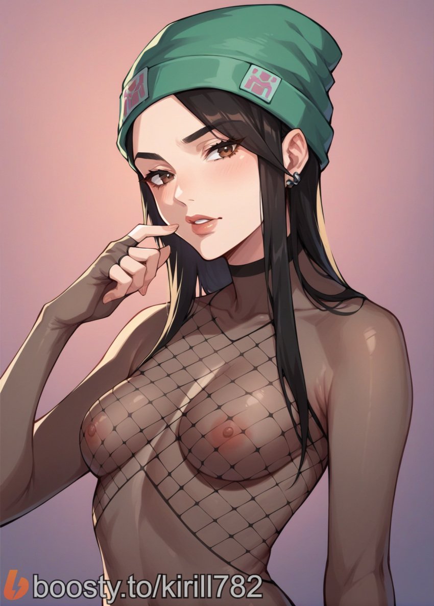 1girls ai_generated bodystocking breasts cap female female_only killjoy_(valorant) kirill782 long_hair medium_breasts mesh_shirt nipples riot_games simple_background solo solo_female stable_diffusion upper_body valorant