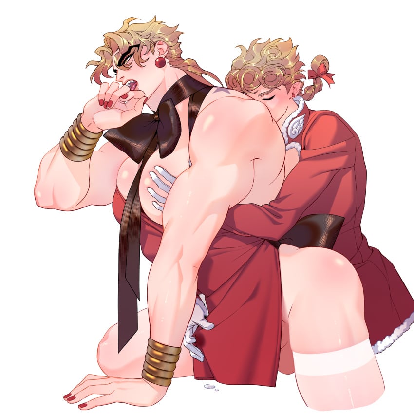 2boys balls big_penis biting_finger blonde_hair bulge christmas_clothing dio_brando duo duo_focus earrings father_and_son from_behind giorno_giovanna gold_jewelry grabbing_from_behind huang_lia incest joestar_birthmark jojo's_bizarre_adventure large_pectorals long_hair male male_focus male_only multiple_boys muscular muscular_male older_male pec_grab penis_under_clothes precum precum_drip precum_through_clothing red_nails ribbon testicles thighhighs uncensored urethral_fingering urethral_insertion white_background white_legwear white_thighhighs yaoi younger_male younger_penetrating_older