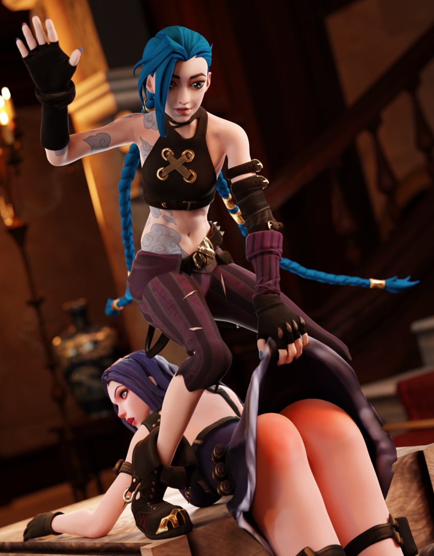 2girls 3d arcane arcane_caitlyn arcane_jinx ass ass_focus bare_ass blender blue_hair caitlyn_kiramman discipline dominant_female female female_only femdom jinx_(league_of_legends) kinkblink league_of_legends multiple_girls naughty punishment riot_games skirt_lift slapping_butt spank_marks spanked_butt spanking steampunk submissive twin_braids twintails video_games yuri