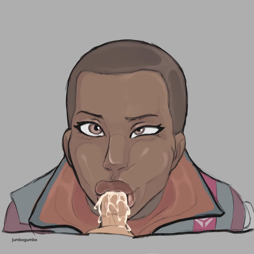 1boy 1girls bald big_lips blowjob cum cum_in_mouth cumshot dark-skinned_female destiny_2 ikora_rey jumbogumbo thick_lips