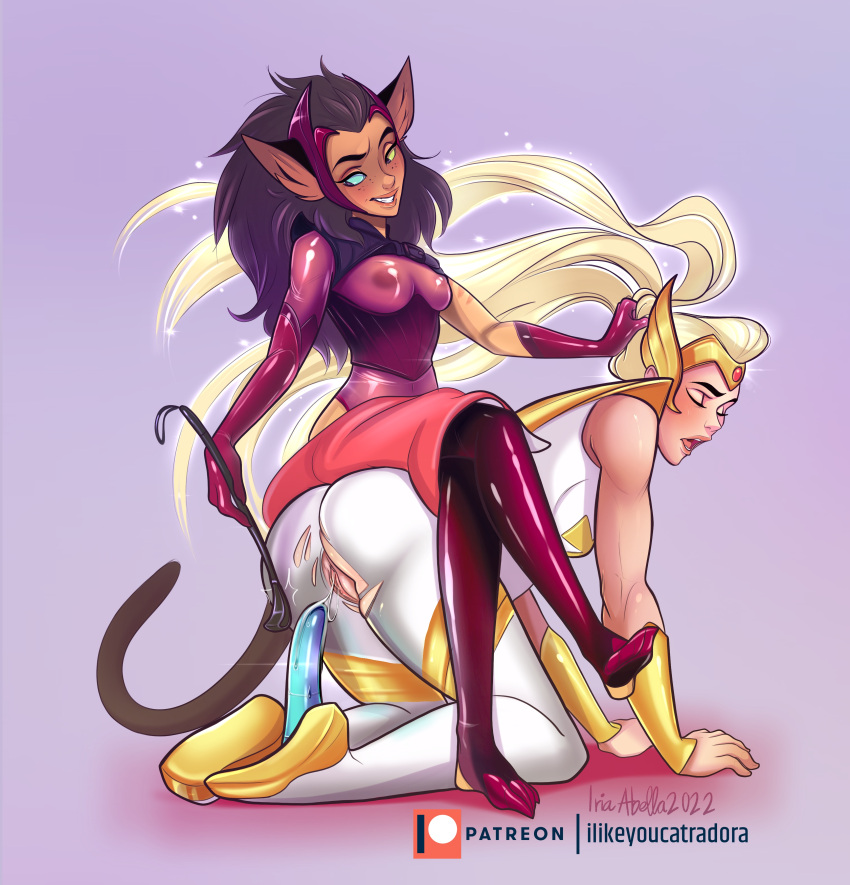 2022 adora alternate_costume anthro anthro_on_human ass_smack blonde_hair bondage cat_ears cat_tail catgirl catra corset crop digital_drawing_(artwork) digital_media_(artwork) dildo dominant_female dominatrix dominatrix_outfit femdom femsub hair_grab ilikeyoucatradora iria_abella latex latex_bodysuit latex_gloves lesbian_couple lezdom lezsub moaning moaning_in_pleasure muscular_female nipples_visible_through_clothing on_fours ponytail purple_background pussy_juice ripped_clothing she-ra_and_the_princesses_of_power simple_background sitting_on_person smacking_ass smirk translucent_clothing villain_dom villain_on_hero visible_pussy whip yuri