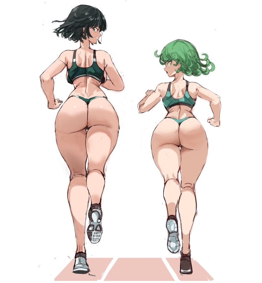 2girls ass ass_focus back_view black_hair bob_cut curly_hair fubuki_(one-punch_man) green_eyes green_hair height_difference jogging light-skinned_female light_skin looking_back looking_back_at_viewer one-punch_man rakeemspoon running short_hair sports_bra sportswear tatsumaki thighs track_uniform viewed_from_behind