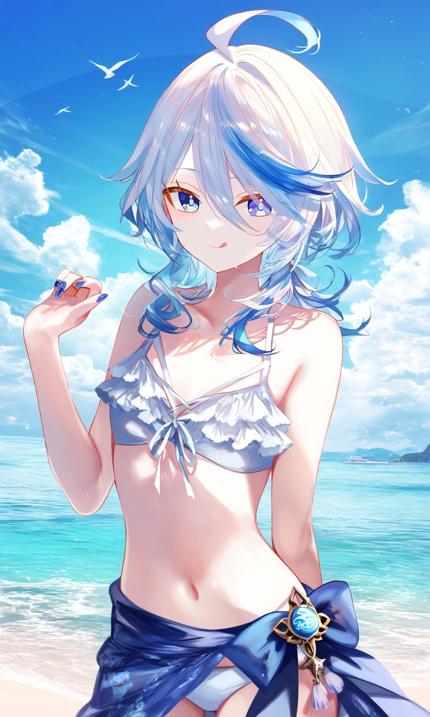 1girls ai ai_generated alternate_costume arm_behind_back beach belly_button bikini blue_eyes blue_hair blue_nails bra clouds day female female_focus female_only front_view furina_(genshin_impact) genshin_impact heterochromia high_resolution highres hoyoverse light-skinned_female light_skin looking_at_viewer medium_hair mihoyo navel ocean outdoors petite petite_body petite_female poyon_na seagull sky small_breasts smiling smiling_at_viewer solo solo_female solo_focus standing swimsuit thong thong_bikini two_piece_swimsuit two_tone_hair water white_bikini white_bikini_bottom white_bikini_top white_hair