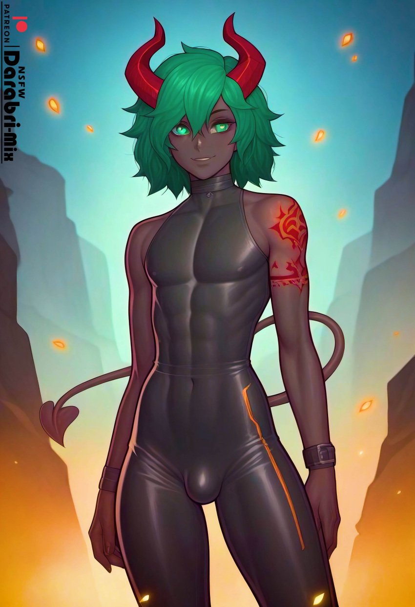 1boy abs abstract_background absurd_res ai_generated bare_shoulders black_skin body_markings bodysuit bulge cute darabri-mix demon demon_boy embers femboy feminine_male flat_chest flat_chested girly green_eyes green_hair horn horns logo open_smile otoko_no_ko outlines patreon patreon_logo penis_bulge pov pov_eye_contact red_horns smile tail tattoo tight_fit trap