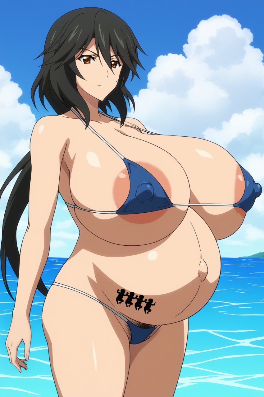 1girls ai_generated areolae beach big_breasts bikini black_hair breasts chifuyu_orimura enormous_breasts female female_focus female_only hairy_pussy huge_breasts infinite_stratos large_areolae large_breasts long_hair looking_at_viewer mature_female milf ocean_background orimura_chifuyu ponytail pregnancy_tally pregnant pregnant_belly pregnant_female ready_to_pop yellow_eyes