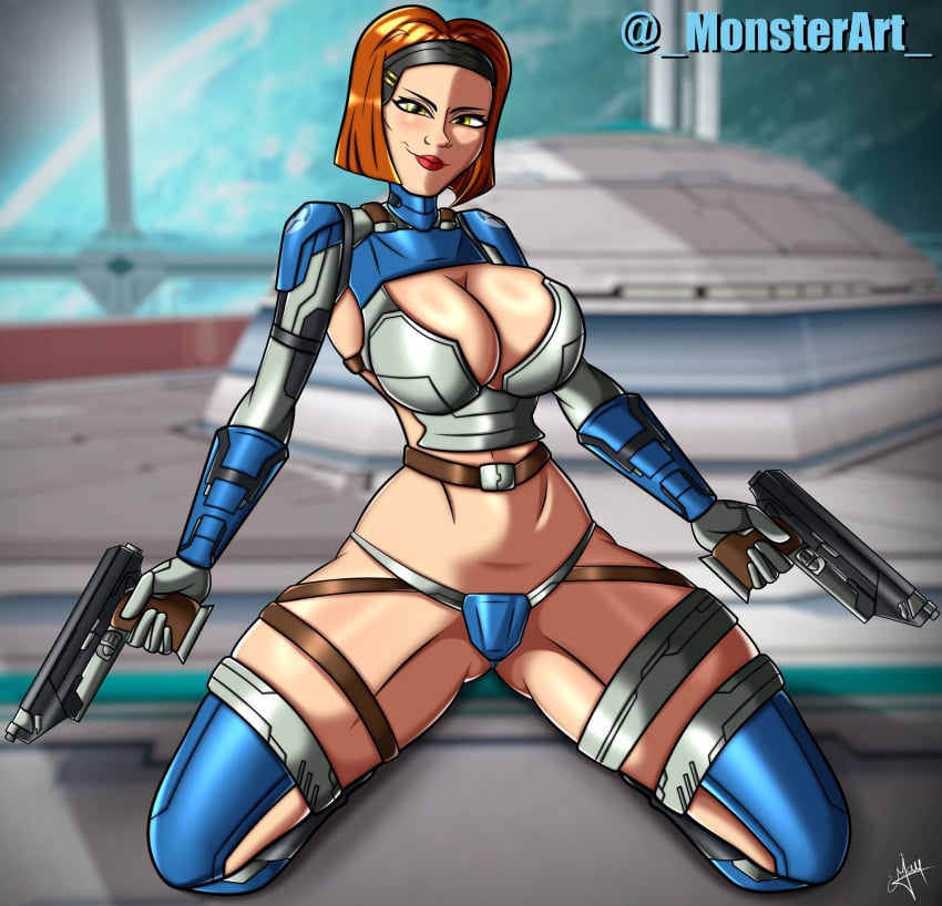 armor armor_pasties bikini_armor blush bo-katan_kryze boob_window clothed clothed_female clothing female female_only gun looking_at_viewer monsterart on_knees sfw_version shiny shiny_skin skimpy_clothes solo solo_female star_wars text