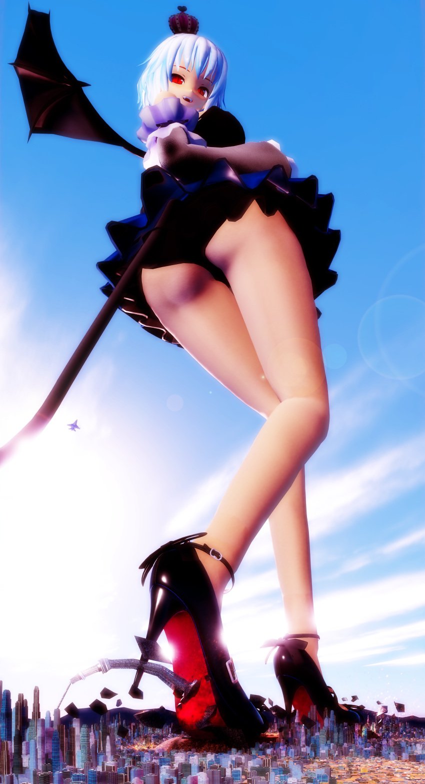 2019 3d 3d_(artwork) aged_up bare_legs big_breasts blue_hair blue_hair_female breasts crown giantess giga_giantess light-skinned_female light_skin long_legs looking_down mikumikudance mmd mrtoyokuni red_eyes remilia_scarlet slender_legs thighs touhou touhou_project vampire vampire_girl wings