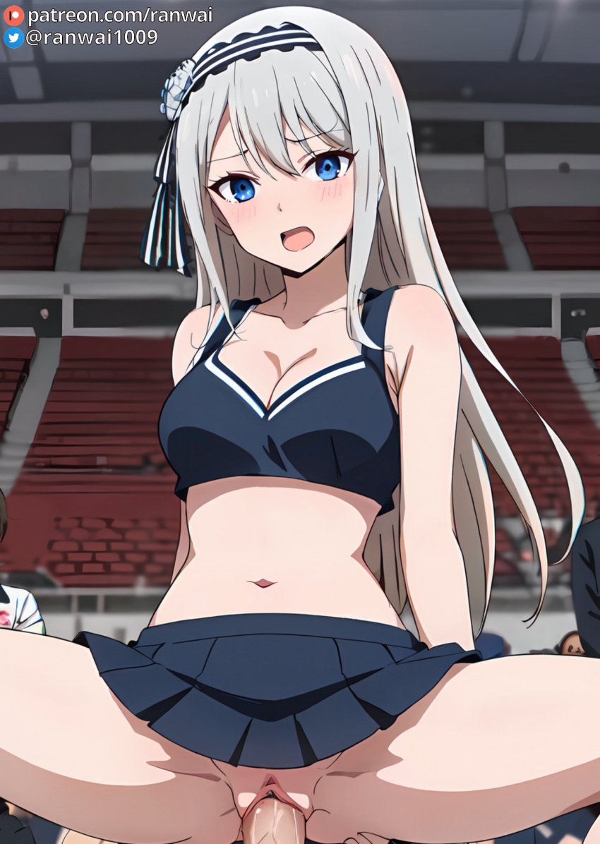 1girls ai_generated anime blue_eyes cheerleader cheerleader_outfit cowgirl_position female grey_hair kaguya-sama_wa_kokurasetai_~tensai-tachi_no_renai_zunousen~ male ranwai sex shirogane_kei stable_diffusion vaginal_penetration vaginal_sex