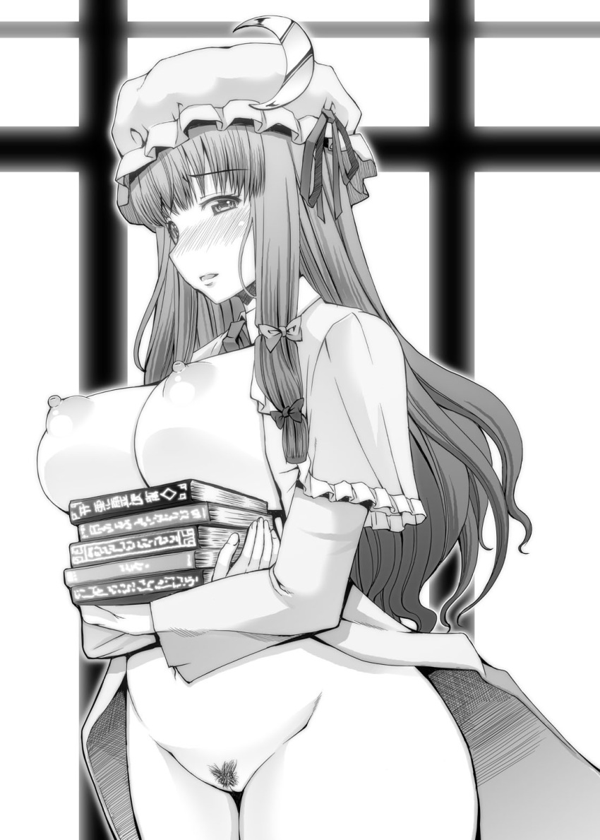 blush book breast_hold breasts breasts_out female hair_ornament hair_ribbon hat highres huge_breasts long_hair monochrome nipples no_bra no_panties no_underwear open_clothes open_skirt patchouli_knowledge pubic_hair puffy_nipples pussy red-rum ribbons skirt solo standing touhou