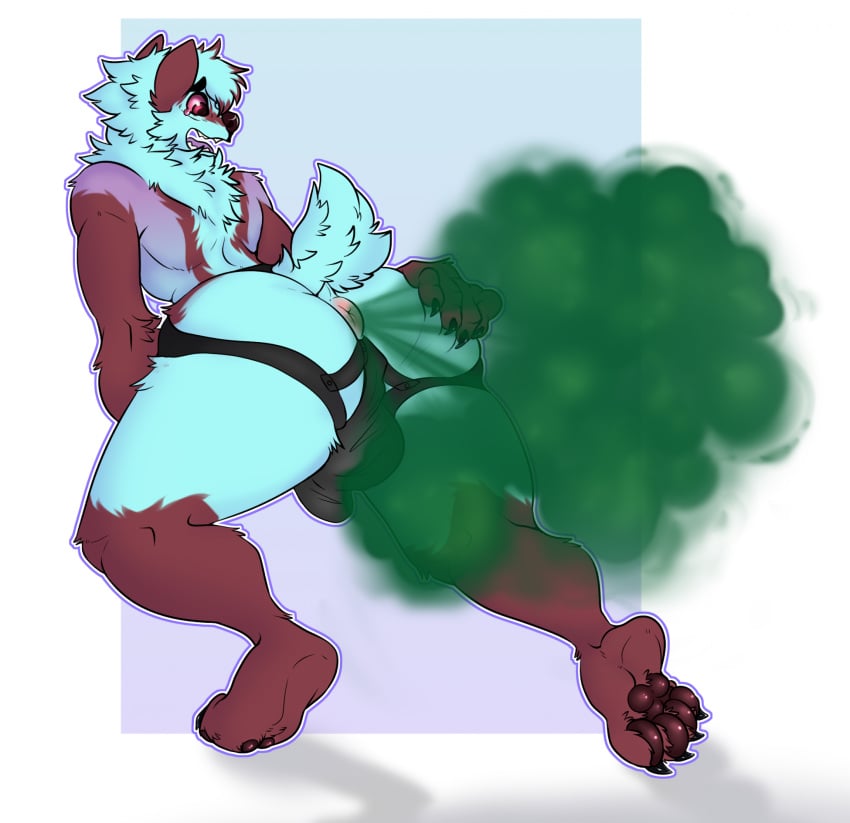 1anthro affront_to_nature anthro anus ass big_butt brappybark canid canine claws clothed clothing embarrassed fart fart_cloud fart_fetish feet fox furry gassy hi_res jockstrap jockstrap_only male mammal pawpads pose slim solo thick_thighs topless underwear underwear_only