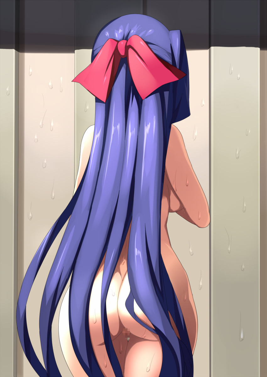 asama_tomo ass back blue_hair breasts censored female hair_ornament highres kyoukaisenjou_no_horizon legs long_hair nude pussy shin'ya_(shin'yanchi) solo standing thighs very_long_hair wet