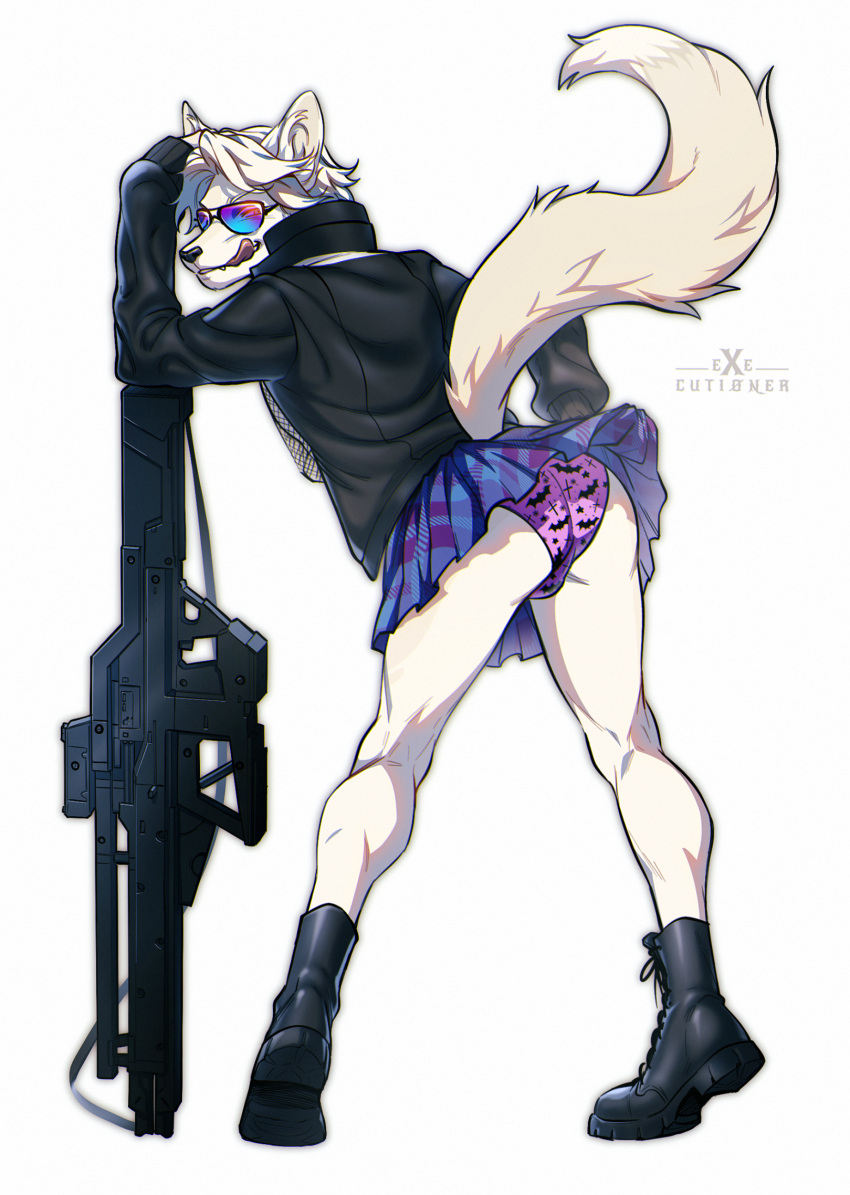 2024 anthro ass black_boots black_clothing black_coat black_footwear black_nose black_topwear boots bottomwear bulge canid canine clothing coat dipstick_tail eyewear femboy fluffy fluffy_tail footwear full-length_portrait fur gun hair hi_res holding_gun holding_object holding_ranged_weapon holding_weapon licking licking_lips logo long_sleeves looking_at_viewer looking_back male mammal markings pattern_bottomwear pattern_clothing pattern_skirt pattern_underwear portrait presenting presenting_hindquarters prick_ears purple_clothing purple_underwear raised_tail ranged_weapon rear_view shadow shoelaces short_hair simple_background skirt smile smiling_at_viewer snout solo sunglasses tail tail_markings taurus666 tiptoes tongue tongue_out topwear underwear weapon white_background white_body white_fur white_hair