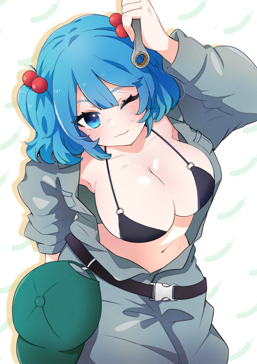 1girls belt big_breasts blue_eyes blue_hair blush bra breasts clothed_female hat light-skinned_female necono nitori_kawashiro one_eye_closed open_clothes solo solo_female touhou twintails white_background wrench