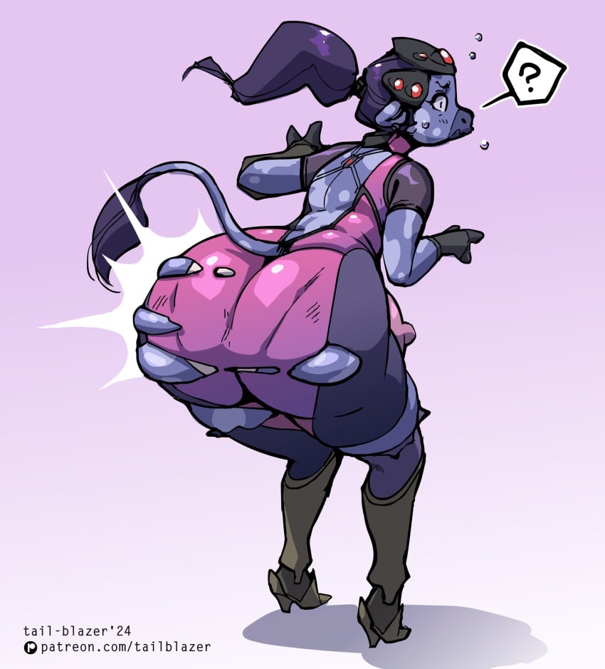 ? anthro ass ass_focus big_ass big_butt bottom_heavy bovine clothed cow_girl cow_tail cow_transformation expansion facing_away fat_ass fat_thighs large_ass large_butt overwatch overwatch_2 plump plump_ass purple_hair purple_skin solo_female solo_focus tail-blazer thick_ass thick_hips thick_legs torn_clothes transformation wardrobe_malfunction widowmaker