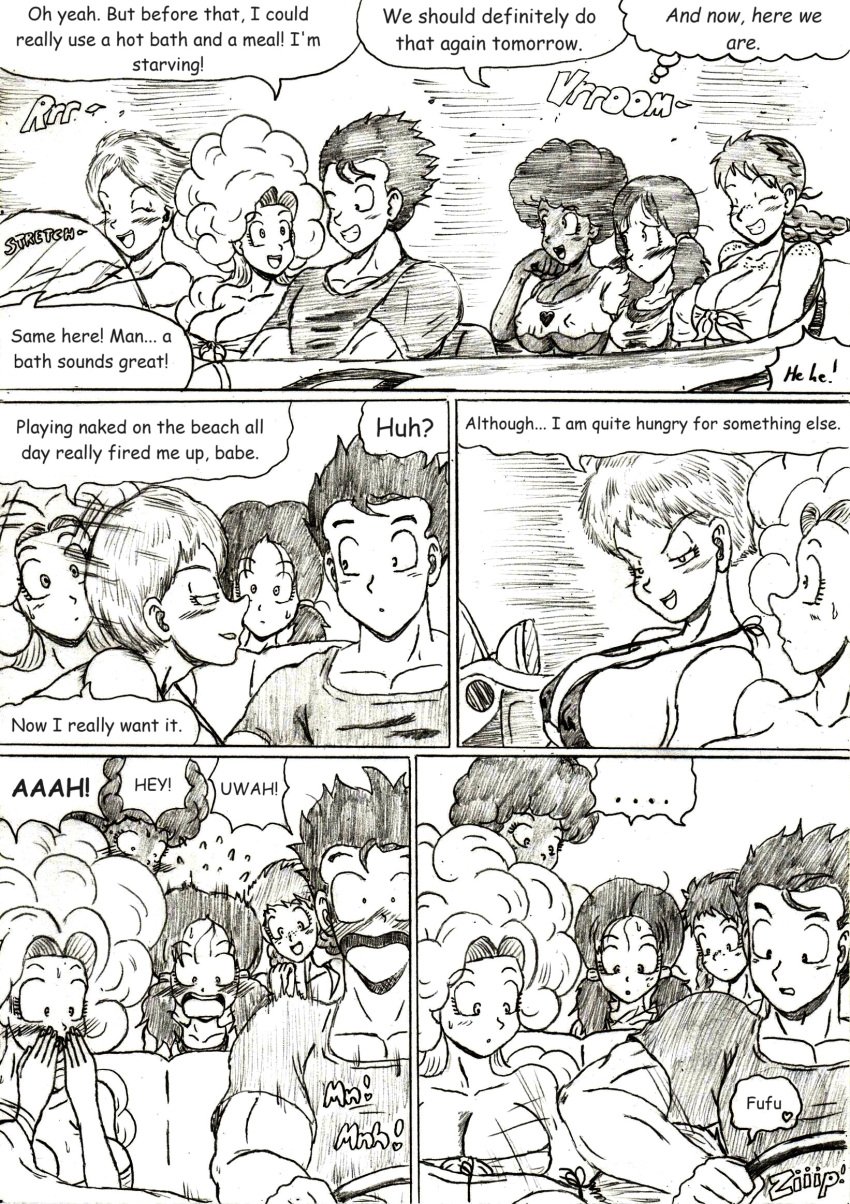 1boy 5girls angela_(dragon_ball) bikini bikini_top black_and_white blowjob car dragon_ball_z driving erasa half-dressed half_naked janet_(dragon_ball) lime_(dragon_ball) shocked son_gohan surprised thewritefiction videl videl_(long_hair)