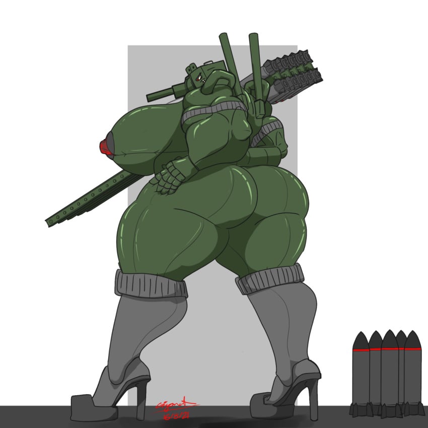 anthro bikini female giganaut katyusha_(giganaut) living_machine metallic_body muscular_female tagme tank tankmorph