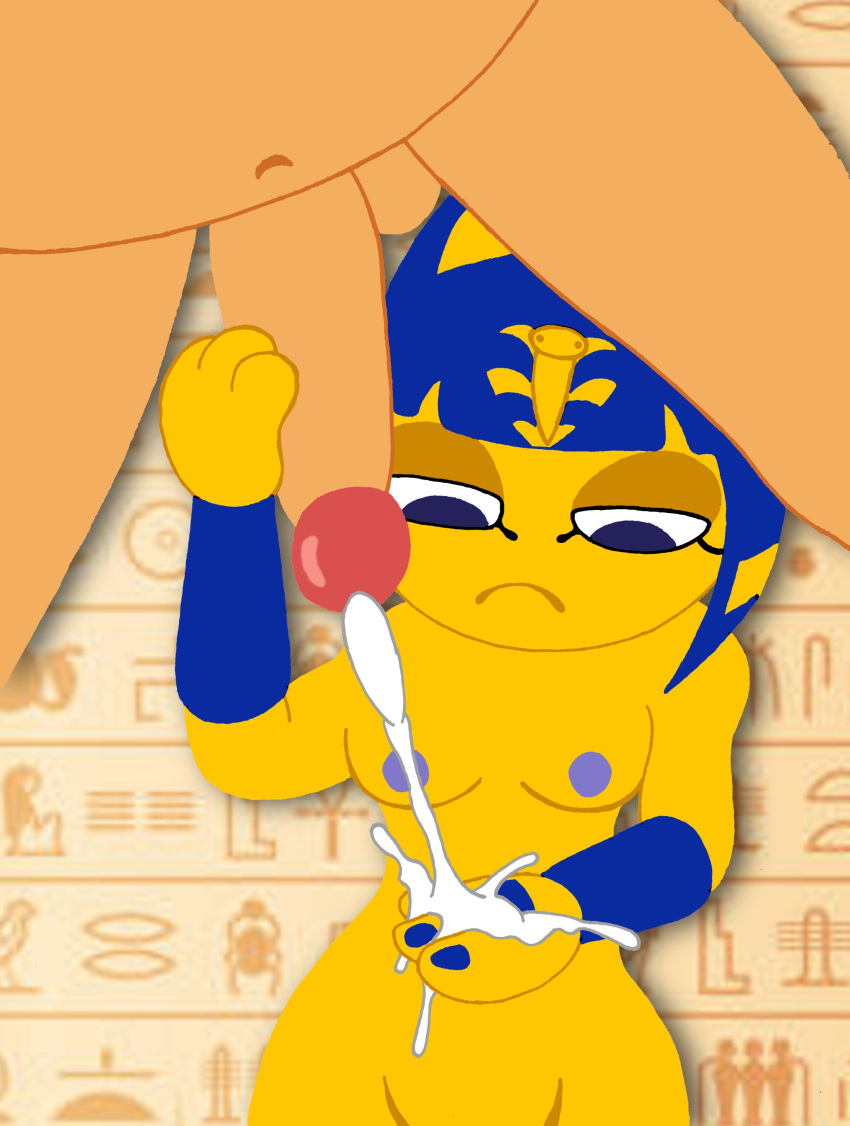 1boy 1girls animal_crossing ankha ankha_(animal_crossing) anonymanonymus anthro blue_eyes blue_hair breasts cat_ears cum_on_hand emotionless female male male_milking milking unamused