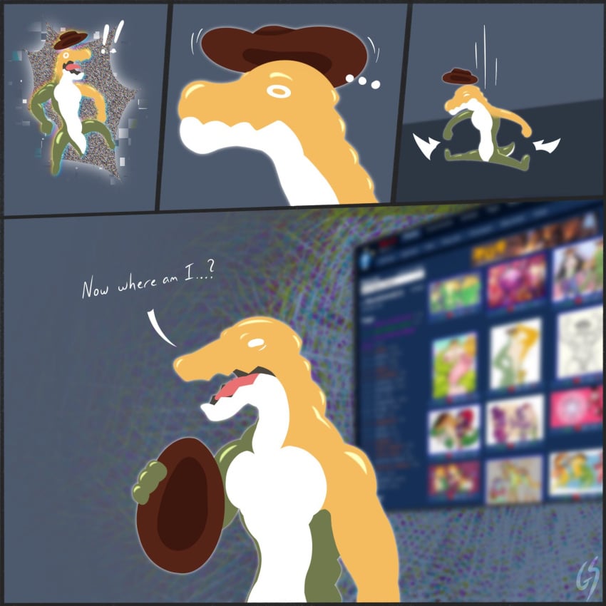 1:1 2024 anthro blurry_background candy clothing cowboy cowboy_hat crocodile crocodilian crocodylid dessert dialogue digital_drawing_(artwork) digital_media_(artwork) e621 english_text exclamation_point food food_creature glitch_productions gs gummigoo_(the_amazing_digital_circus) gummy_(food) gummy_creature hat hat_only headgear headgear_only headwear headwear_only hi_res humor living_candy male male_only mostly_nude motion_lines muscular muscular_male reptile scalie solo static text the_amazing_digital_circus