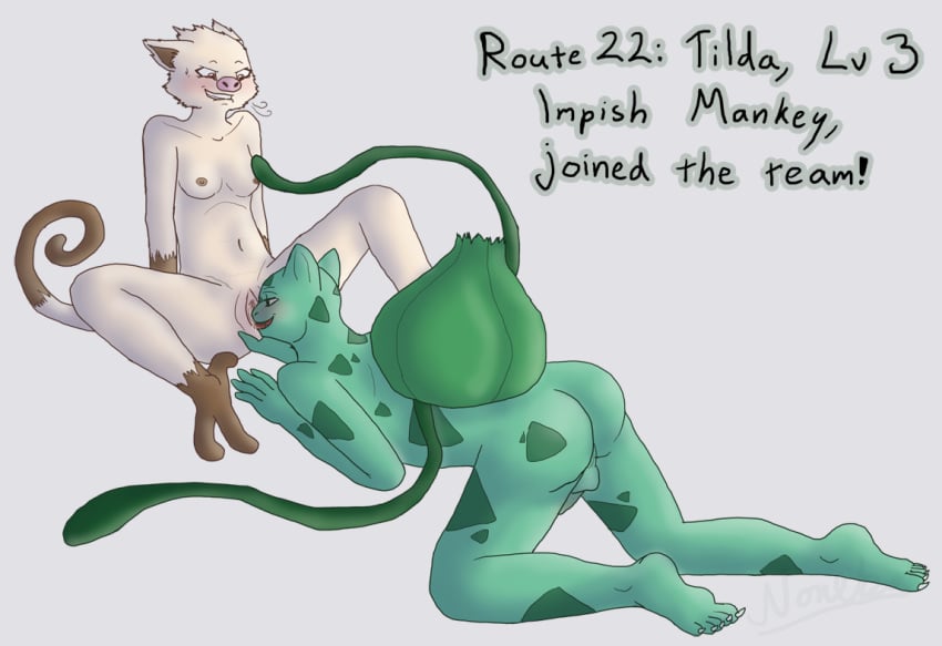 anthro bulbasaur cunnilingus english_text female furry male mankey nintendo nsfwlocke oral pokémon_(species) pokemon pokemon_rgby straight