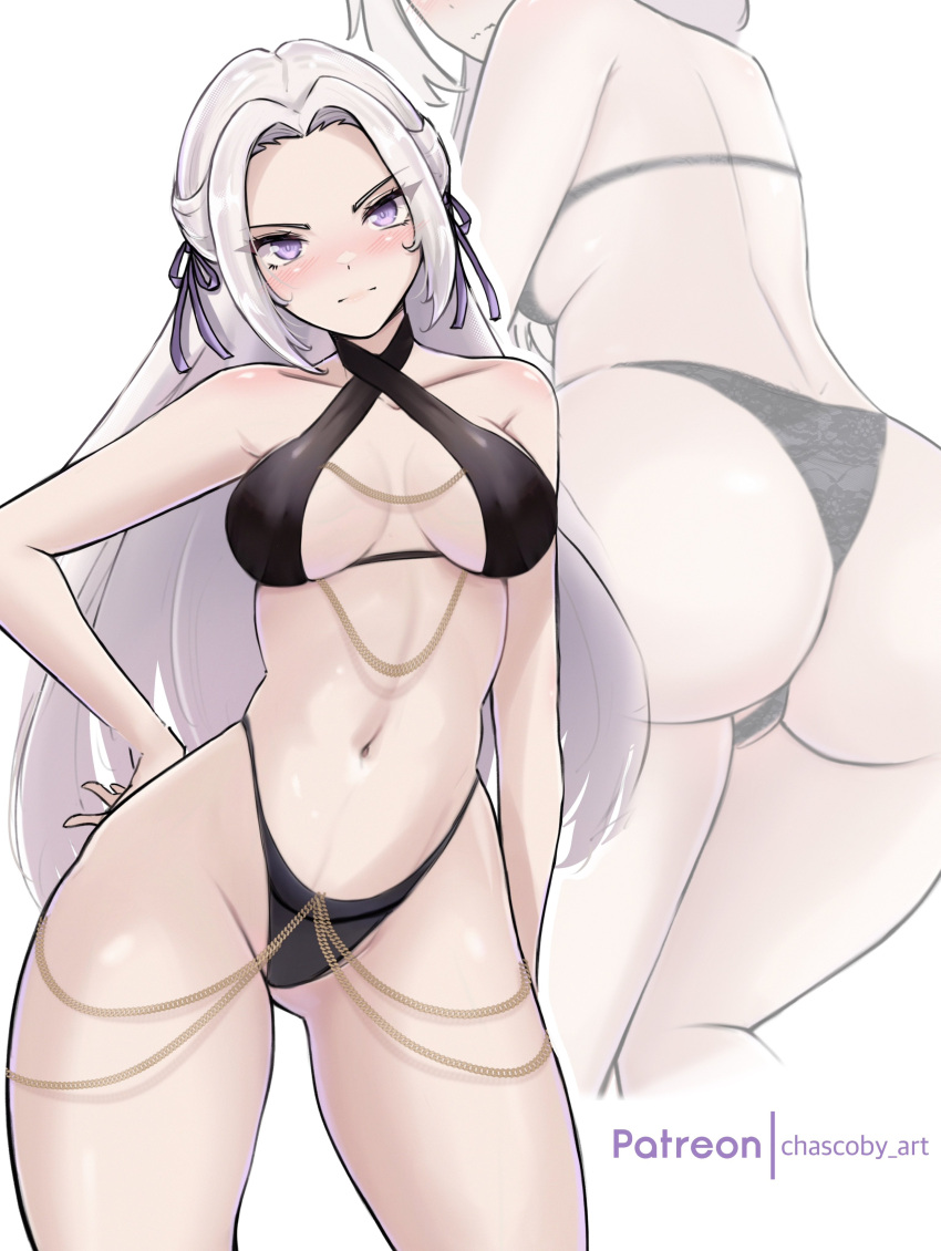 1girls absurdres ass ass_visible_through_thighs belly belly_button bikini black_bikini blush bra breasts cameltoe chascoby contrapposto edelgard_von_hresvelg female female_only fire_emblem fire_emblem:_three_houses gold_chain gold_jewelry hair_ribbon hand_on_hip highres lace lace-trimmed_bra lace-trimmed_panties lace_trim large_ass legs long_hair looking_at_viewer medium_breasts multiple_views navel nintendo panties patreon_username purple_eyes pussy_peek ribbon stomach swimsuit thighs very_long_hair white_hair wide_hips yomorio_lingerie