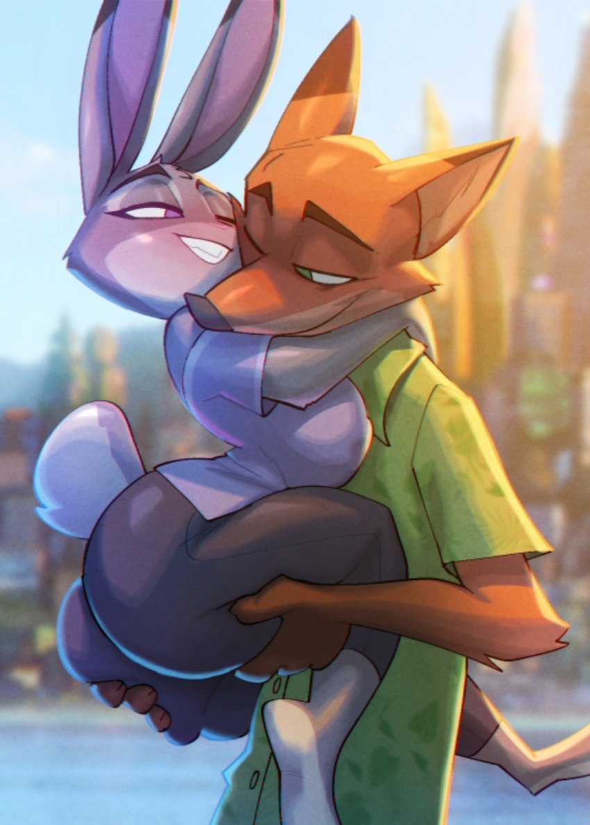 1boy 1girls 2024 anthro anthro_on_anthro bigdad biped breasts canid canine clothed clothing couple disney duo female fox fur grey_body grey_fur judy_hopps lagomorph leporid male mammal nick_wilde orange_body orange_fur purple_body purple_fur rabbit smile squeeze squeezing squeezing_ass squeezing_butt squish squishing_ass squishing_cheeks thick_thighs thighs zootopia