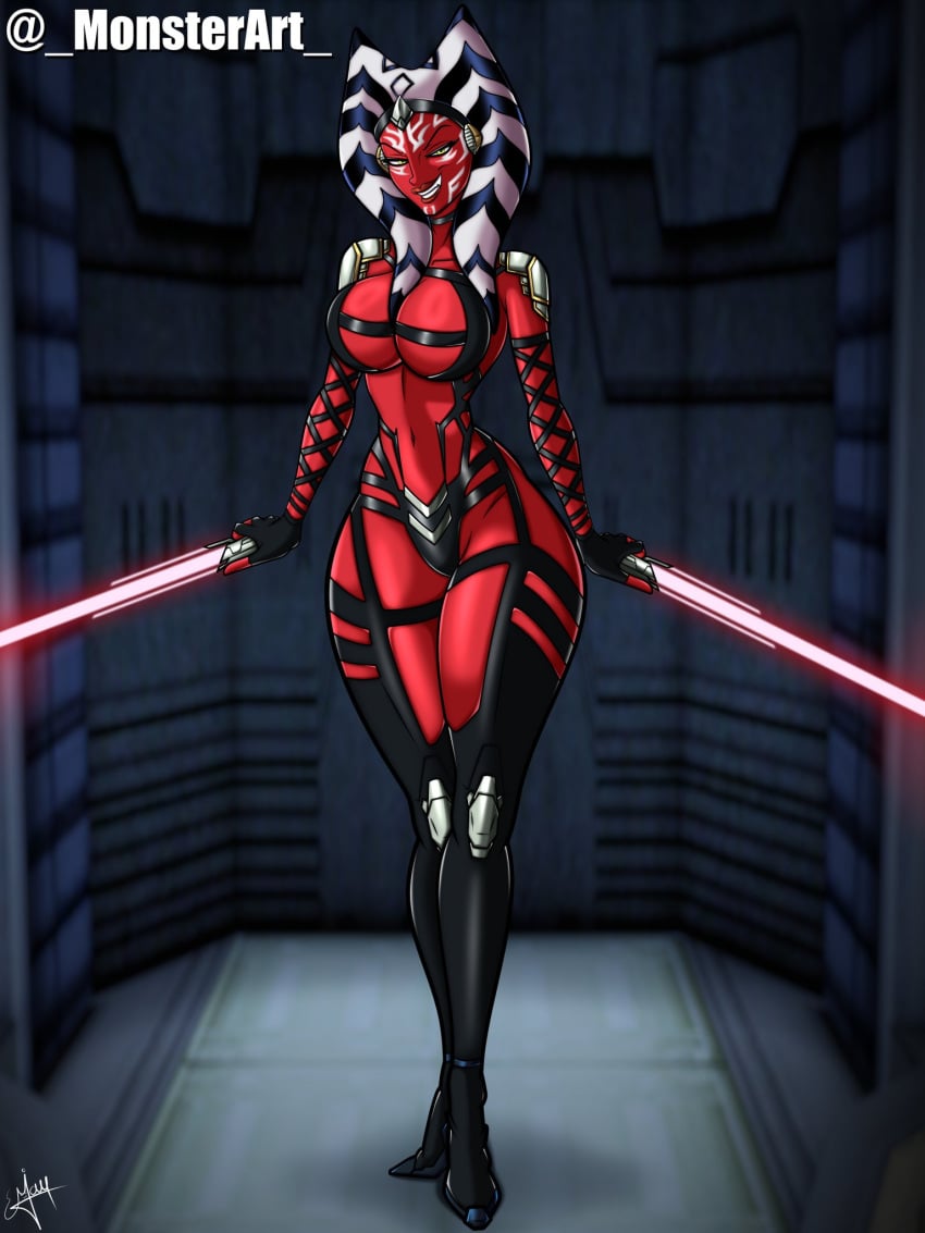 1girls ahsoka_tano alien alien_girl choker facepaint female female_only hat lightsaber looking_at_viewer monsterart open_bra red_skin sfw_version sholder_pads sith skimpy skimpy_bikini skimpy_clothes smile smiling smiling_at_viewer solo solo_female star_wars text thick_thighs thighhighs thong