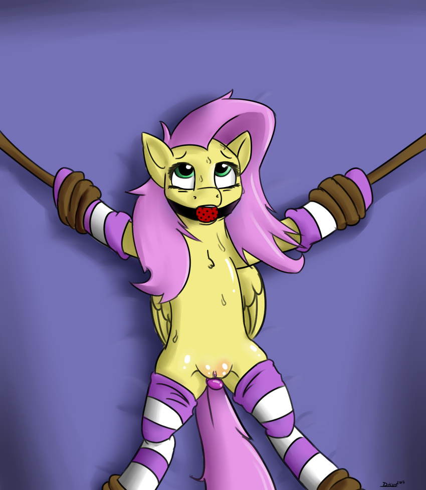 ball_gag bondage disshyafterdark equine female fluttershy_(mlp) friendship_is_magic gag horse my_little_pony pony pussy straight_hair tied