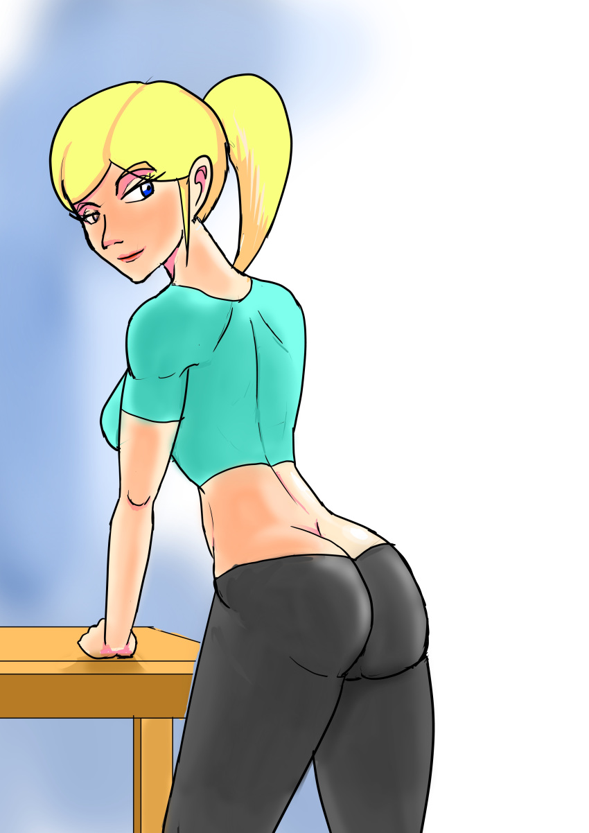 ass blonde_hair blue_eyes breasts butt_crack clothed cosplay female female_only from_behind highres human looking_back metroid nintendo ponytail samus_aran sketch skin_tight solo super_smash_bros. table tied_hair wii_fit wii_fit_trainer wulfsaga yoga_pants