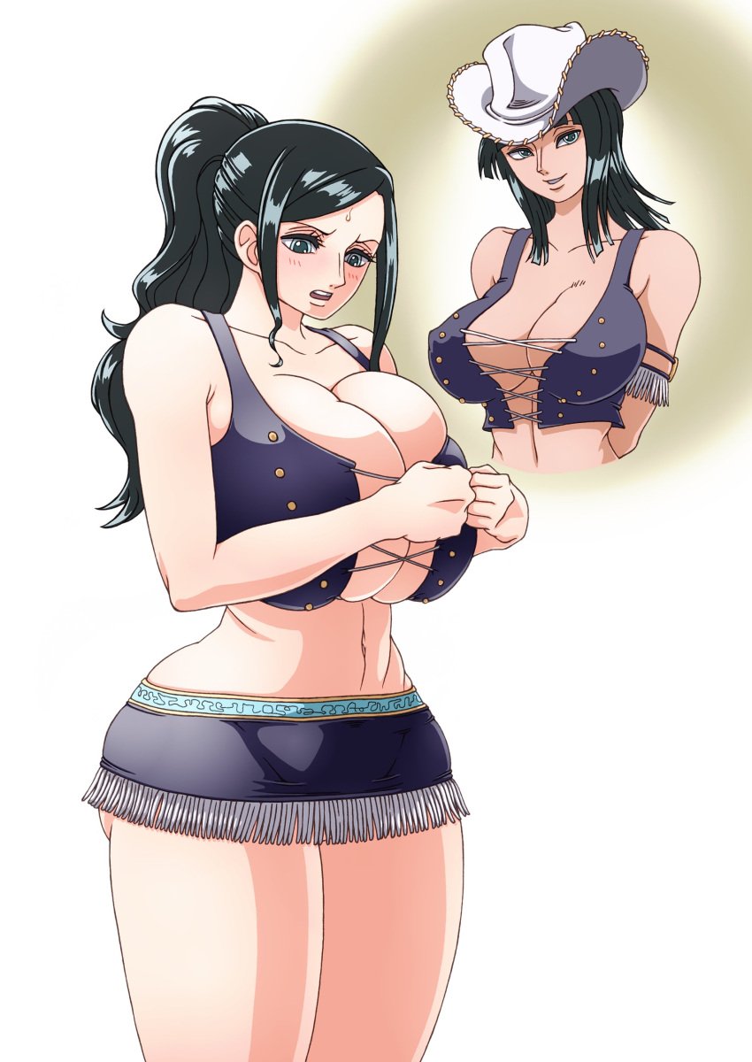 big_ass big_breasts clothed clothing cowboy_hat female female_only hips ill_fitting_clothing miss_all_sunday nico_robin one_piece post-timeskip pre-timeskip size_difference solo tight_clothing wrato