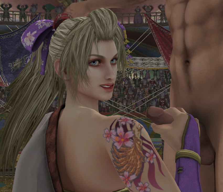 1boy 1girls 3d blonde_hair blue_eyes bow clothed_female_nude_male faceless_male female hair_ornament handjob happy human male namco penis ponytail setsuka smile soul_calibur soul_calibur_iv straight tattoo tied_hair xnalara